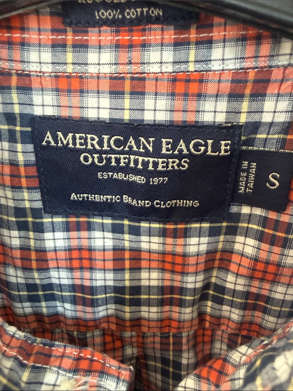 American Eagle Outfitters Mens Orange Blue Rugged Poplin Plaid Button-Down S